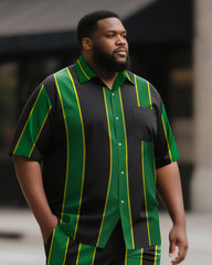 Big & Tall Men's Street Fashion Daily Casual Black Green Yellow Colorblock Striped Shirt Shorts Suit