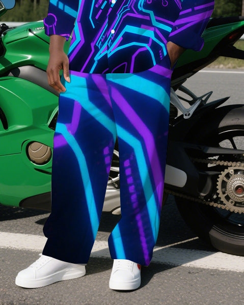 Big Men's Modern Abstract Cool Radiation Lightning Printed Casual Long Sleeve Shirt and Pants Set
