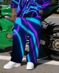 Big Men's Modern Abstract Cool Radiation Lightning Printed Casual Long Sleeve Shirt and Pants Set
