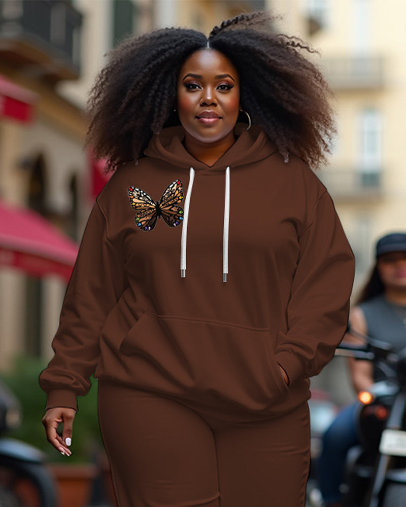 Women's Plus Size Melanin Butterfly Long Sleeve Hoodie and Casual Pants Set