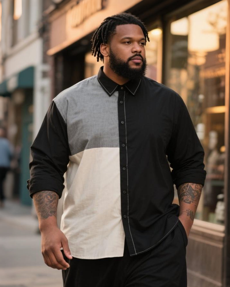 Big & Tall Men's Business Black And White Colorblock Printed Long Sleeve Shirt