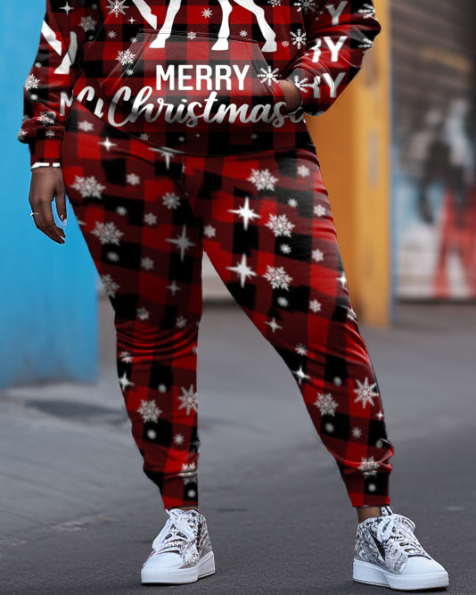 Women's Big & Tall Merry Christmas Elk Plaid Hoodie Sweatpants Set
