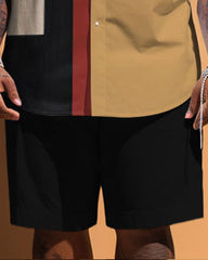 Men's Plus Size Simple Geometric Patchwork Printed Pocket Short Sleeve Shirt Shorts Suit