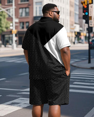 Men's Plus Size Daily Black And White Patchwork Printed Short-sleeved Polo Shirt Shorts Suit