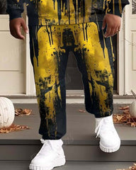 Men's Street Fashion Yellow And Black Graffiti Skull Plus Size Hoodie Suit