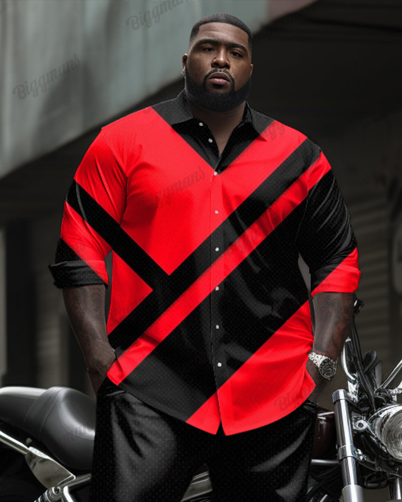 Simple Personalized Patchwork Printed Long Sleeve Lel Shirt 2-Piece Set Men's Plus Size