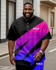 Men's Plus Size Pink Blue Gradient Colorblock Alphabet Print Henry Collar T-Shirt Trousers Suit