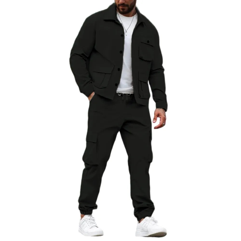 Men's Solid Color Pocket Button Front Shirt & Pants Two-Piece Set