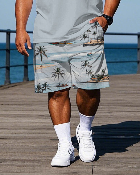 Big Men's Hawaii Theme Seaside Scene Stripe Printed Casual Short Sleeve Polo Shirt Shorts Set