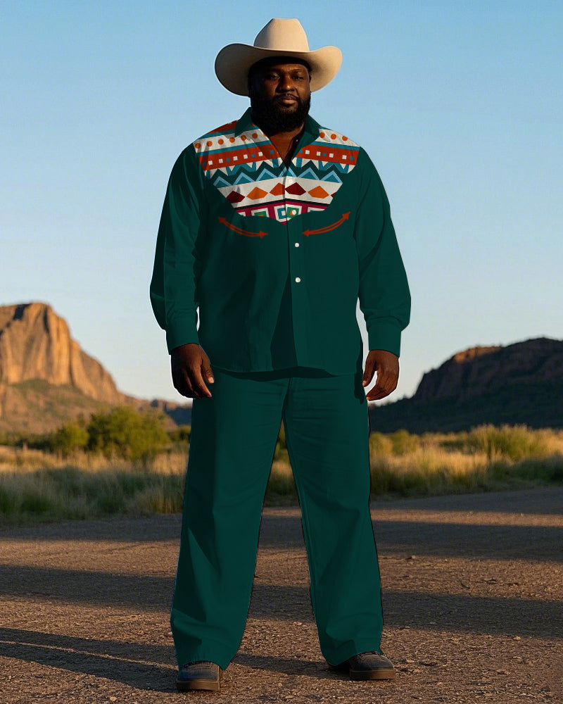 Men's Cowboy Western Style Geometric Pattern Printed Big and Tall Long Sleeve Shirt Pants Set