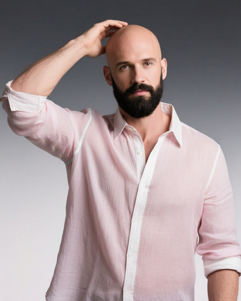 Big & Tall Men's Pink-autumn And Winter Commuter Color Matching Cotton And Linen Fabric Long Sleeve Shirt