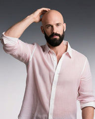 Big & Tall Men's Pink-autumn And Winter Commuter Color Matching Cotton And Linen Fabric Long Sleeve Shirt