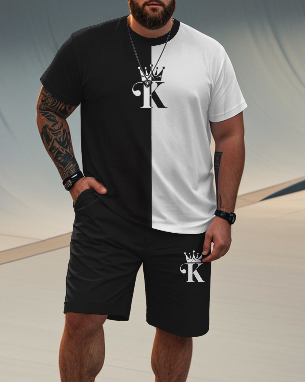 Men's Plus Size Black and White King Crown Contrast T-Shirt Shorts Suit