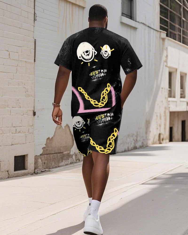 Men's Plus Size Street Graffiti Fun Expression Print Round Neck Short Sleeve T-Shirt Shorts Suit