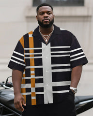 Men's Plus Size Simple Black And White Orange Color Matching Striped Printed Short Sleeve Shirt Trousers Suit