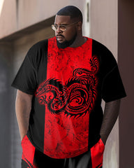 Men's Plus Size Red And Black Color Block Dragon Totem Print T-shirt Trousers Suit