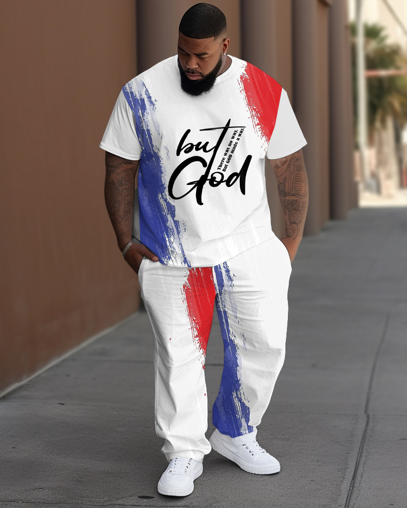 Men's Plus Size Street Fashion Graffiti But God Letter Print T-Shirt Trousers Suit