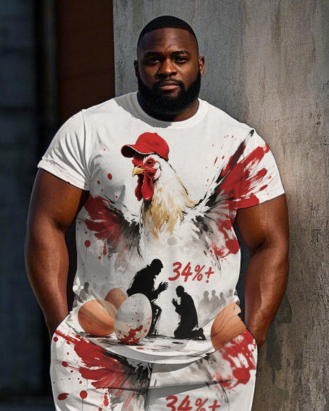 Big Men's Satire Abstract Rooster Traffiti Printed Casual Short Sleeve T-Shirt Shorts Set