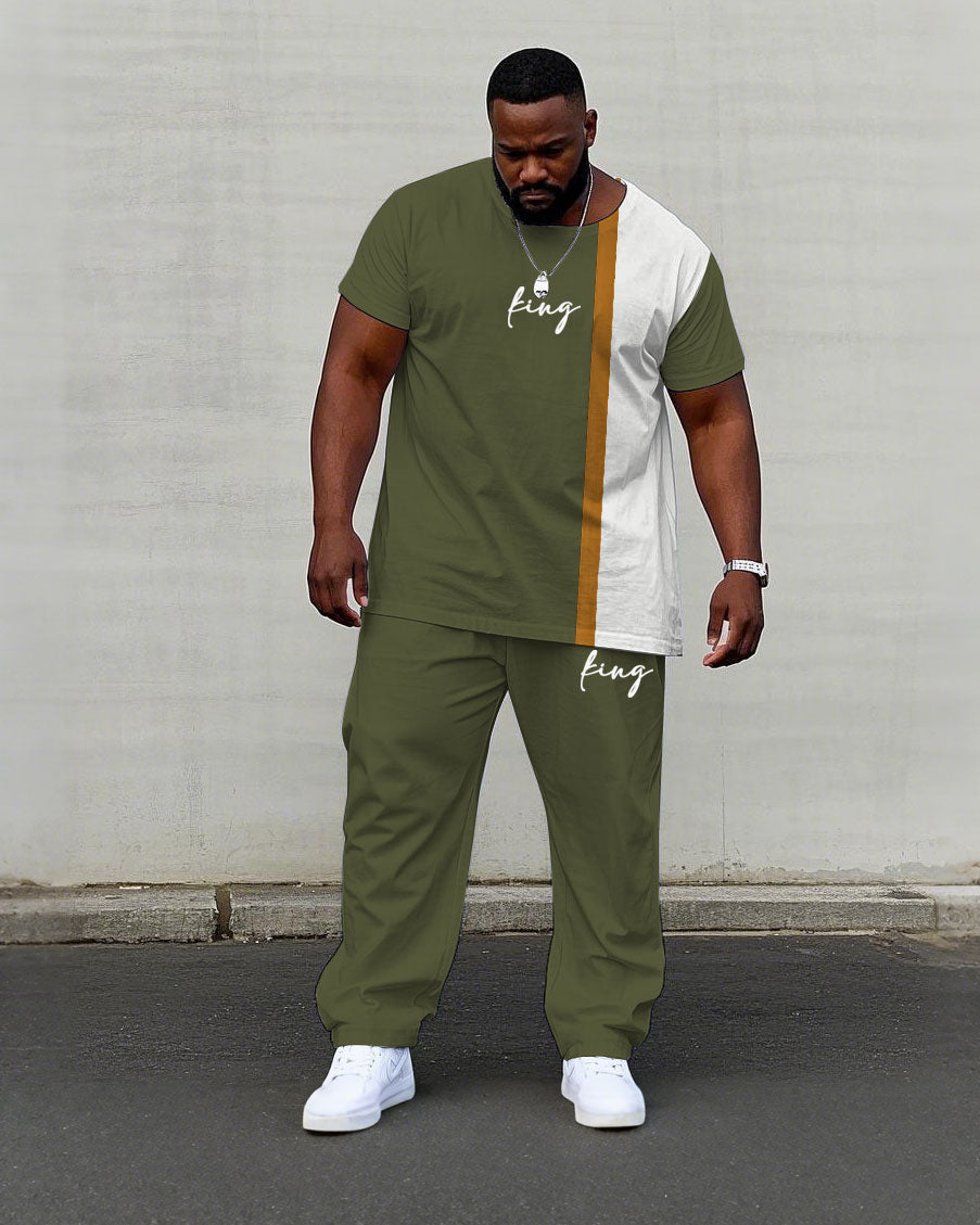 Men's Plus Size Green Card & White-Blue & White-Red-Pink Colorblock King Printed Short Sleeve T-Shirt Pants Suit