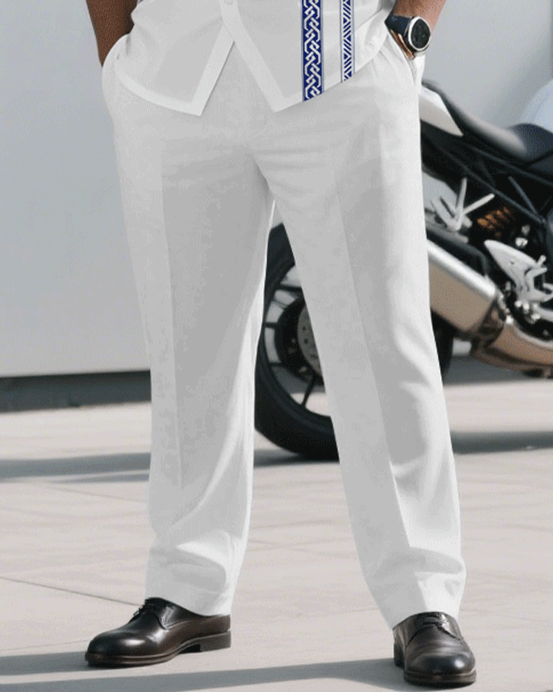 Big & Tall Men's Business Simple White Ethnic Mosaic Printed Short Sleeve Shirt Pants Suit