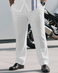 Big & Tall Men's Business Simple White Ethnic Mosaic Printed Short Sleeve Shirt Pants Suit