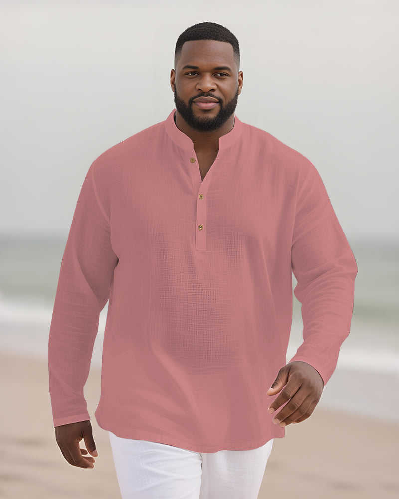 Big & Tall Men's Everyday Solid Color Bamboo Hemp Texture Henry Collar Long Sleeve Shirt