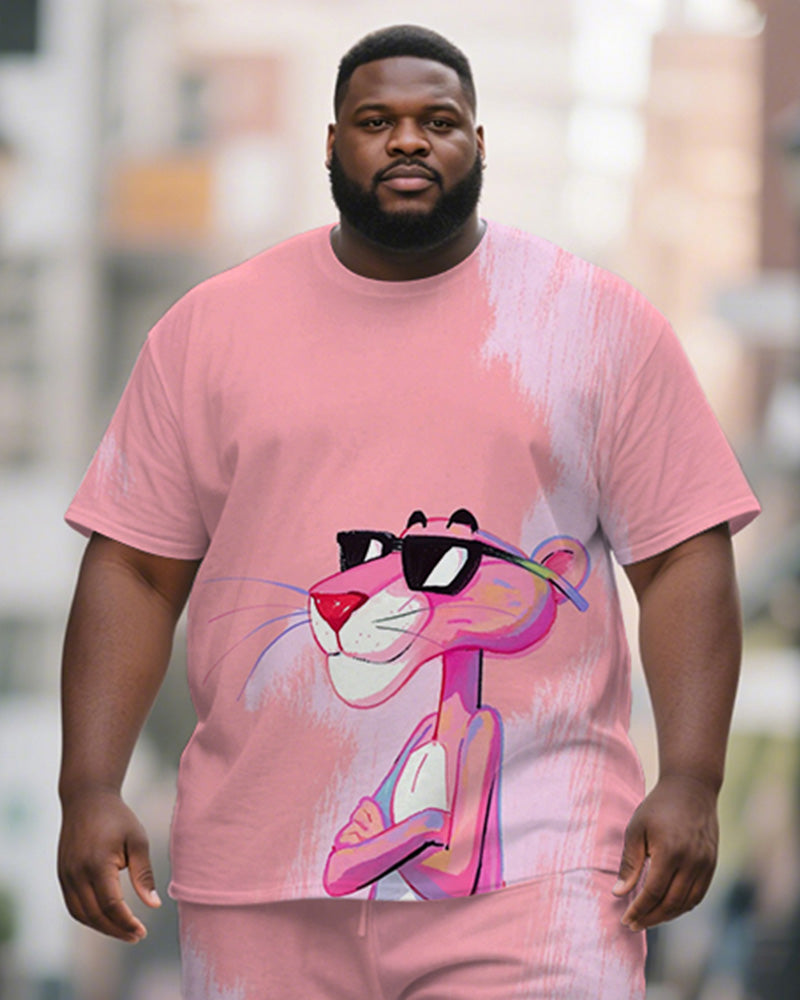 Men's Plus Size Pink Graffiti Sunglasses Cartoon Print Short Sleeve T-Shirt Shorts Suit