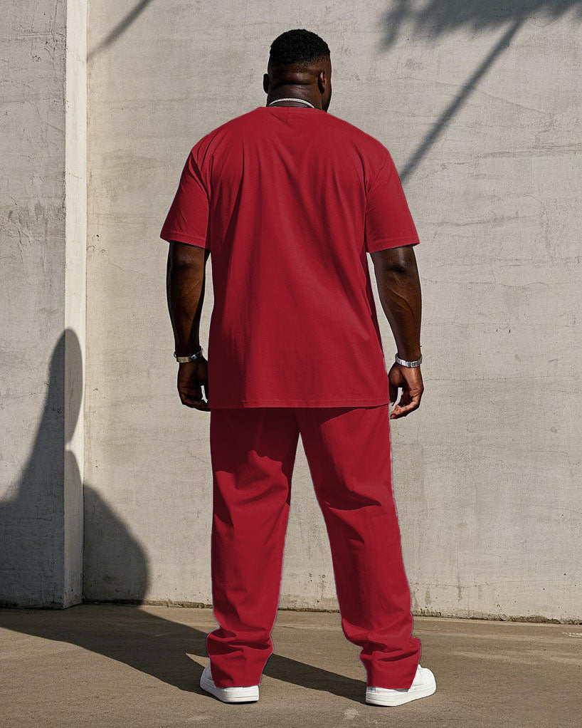 Men's Plus Size Classic Red And Black Color Chest Small Label Printed Short Sleeve T-shirt Trousers Suit