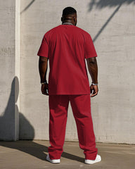 Men's Plus Size Classic Red And Black Color Chest Small Label Printed Short Sleeve T-shirt Trousers Suit
