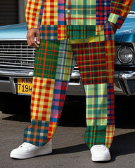 Men's Colorful Plaid Splicing Style Daily Casual Big & Tall Long Sleeve Shirt Pants Set