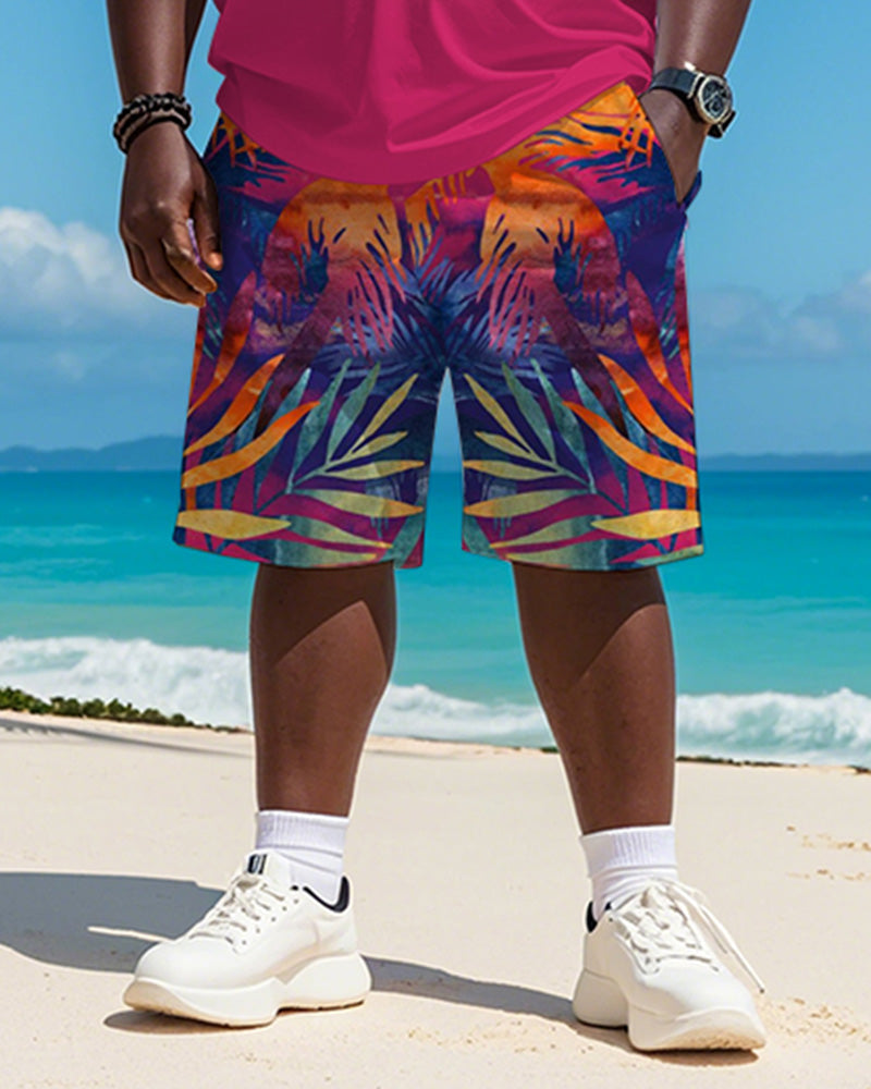 Big & Tall Men's Hawaiian Purple Gradient Leaf Print Round Neck Short Sleeve T-Shirt Shorts Suit