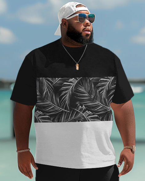 Hawaiian Simple Leaf Color Block Print Big Men's Two-piece Shorts Set