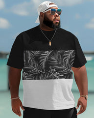 Hawaiian Simple Leaf Color Block Print Big Men's Two-piece Shorts Set