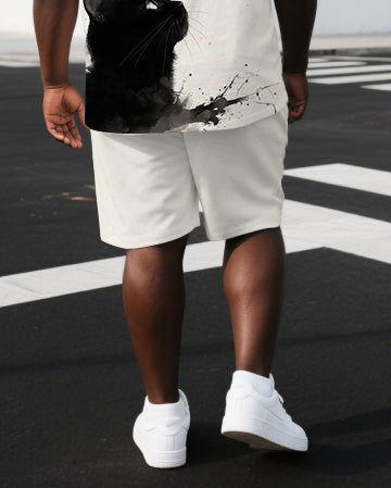 Men's Simple Cat & Bird Illustration Back Print Cool Big & Tall Short-Sleeve T-shirt & Short Set