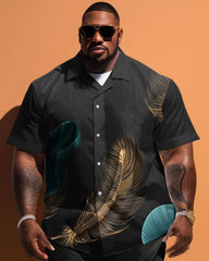 Men's Plus Size Simple Feather Print Short Sleeve Shirt And Shorts Set