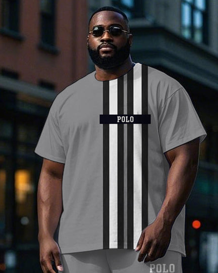 Big and Tall Men's Simple Double Stripe POLO Letter Printed Active Short Sleeve T-shirt Pants Set