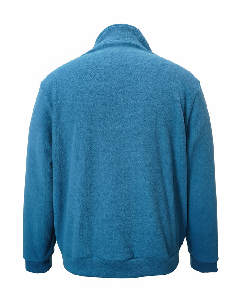 Big & Tall Men's Blue-Fall/Winter Solid Color Polar Fleece Fabric Metal Zipper Collar POLO Long Sleeve