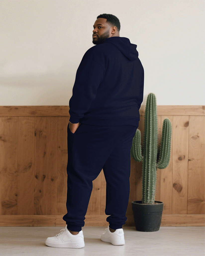 Big & Tall Men Fall/Winter Dark Blue & Red & White Contrast Color Mosaic Letters Casual Printed Hoodie Suit