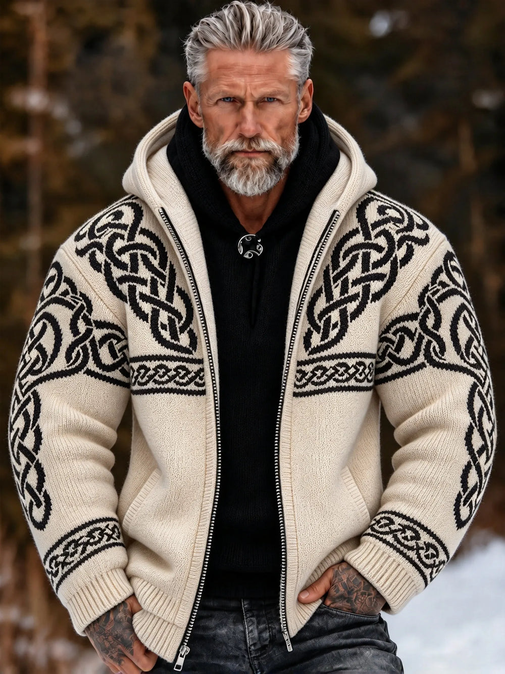 Men's Vintage Viking Celtic Knot Cozy Warm Knitted Jacquard Zipper Hooded Sweater