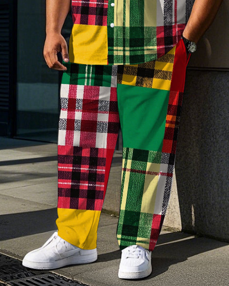 Big Men's Colorful Plaid Splicing Style Daily Casual Long Sleeve Shirt Pants Set