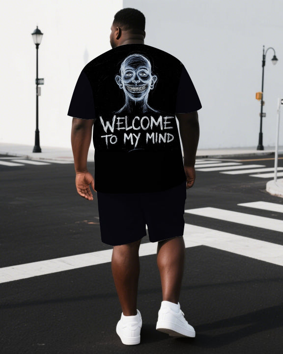 Men's Punk Style WELCOME TO MY WORLD Human Back Print Short-Sleeve T-shirt 2-Piece Big & Tall Set
