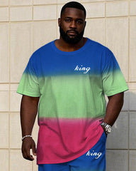 Men's Plus Size Blue & Green & Pink Neon Gradient Short Sleeve T-Shirt Trousers Suit