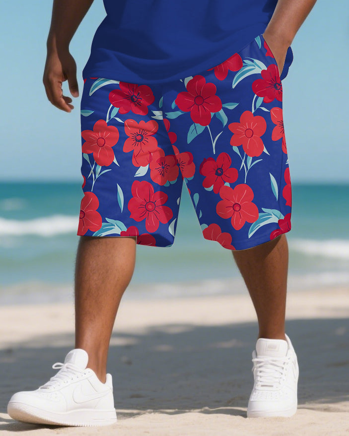 Men's Hawaiian Theme Rose Bold Printed Big & Tall Short Sleeve Polo Shirt Shorts Suit