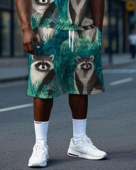 Men's Big Size Fashion Forest Raccoon Printed Casual Short Sleeve T-Shirt and Shorts Set