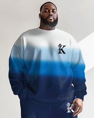 Men's Blue Gradient Colorblock K Letter Print Plus Size Round Neck Sweatshirt Suit