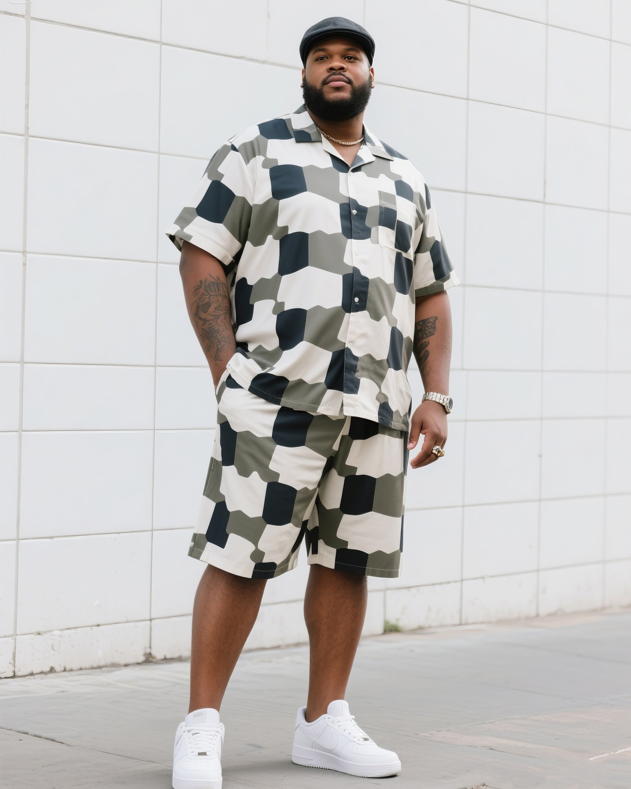 Big Man's Daily Casual Board Square Puzzle Short Sleeve Shirt Shorts Suit