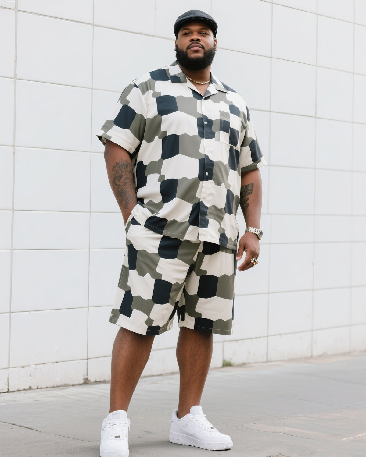 Big Man's Daily Casual Board Square Puzzle Short Sleeve Shirt Shorts Suit