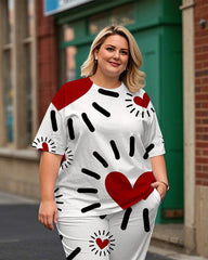 Women's Plus Size Graffiti Heart Print T-Shirt and Print Trousers Suit