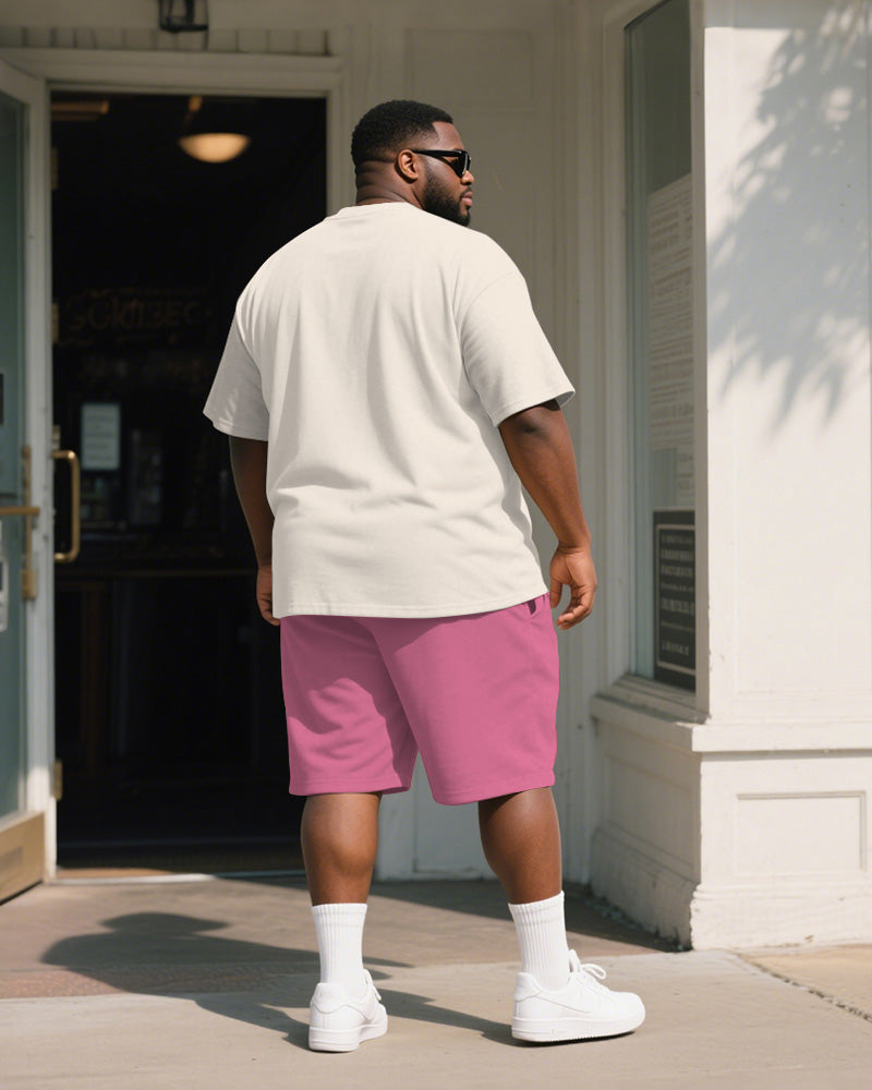 Big & Tall Men's Pink Rabbit Graffiti Print Round Neck Short Sleeve T-Shirt Shorts Suit