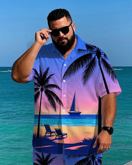 Big Men's Romantic Hawaiian Seaside Gradient Scene Printed Casual Short Sleeve Shirt Shorts Set